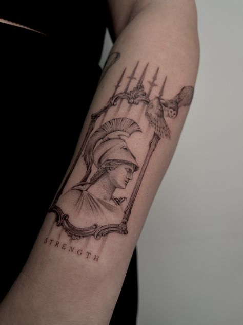 Greek Athena Tattoo, Athena Goddess Tattoo, Microrealism Tattoo, Athena Tattoo, Valkyrie Tattoo, Brush Tattoo, Greek Mythology Tattoos, Goddess Tattoo, Mythology Tattoos