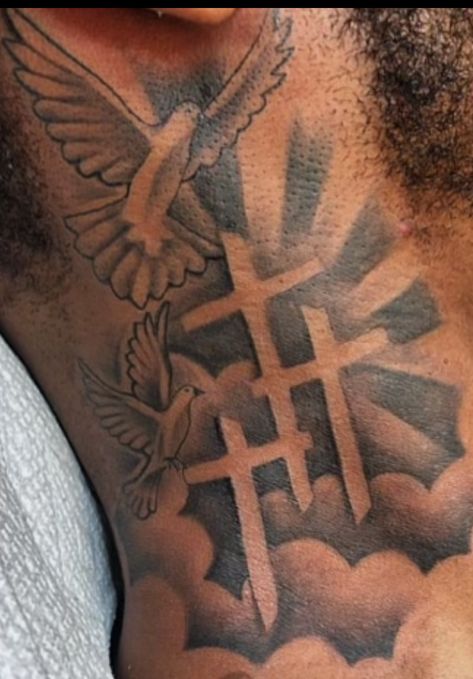 Red Cross Neck Tattoo, Chrome Heart Neck Tattoo, Neck Tattoo For Guys Birds, Praying Hands Neck Tattoo, Humble Neck Tattoo, 1981 Tattoo Ideas, Small Men Neck Tattoos, Cross Tattoo For Men Neck, Black Male Neck Tattoos