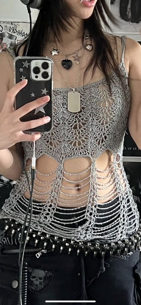 Silver Crochet Top, Y2k Crochet Outfits, Edgy Crochet Top, Crochet Tapestry Clothes, Crochet Top Y2k, Crochet Shirt Ideas, Diy Mesh Top, Alt Crochet Patterns, Futuristic Crochet