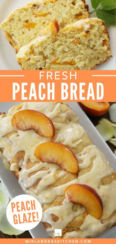 This is the best quick bread I’ve ever made! Make this soon before summer’s ripest peaches are gone.  The peach flavor is phenomenal and it is so moist and tender. Add the creamy glaze full of fresh peach and the bread goes to incredible! I’ve been eating the glaze with a spoon as fast as I can shovel…  This peach bread recipe is simple and ready for the oven in 15 minutes. Great for beginning bakers! #summertime #quickbread #baking #bread #easy Fresh Peach Bread, Easy Peach Bread, Peach Bread Recipe, Peach Quick Bread, Peach Glaze, Easy Quick Bread, Peach Bread, Cobbler Easy, Peach Cobbler Easy