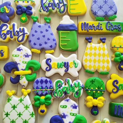 Mardi Gras Baby Shower Cookies, Mardi Grad, Mental Note, Cakes And Cookies, Baby Shower Cookies, Reveal Ideas, Baby Time, Cookie Art, Baby Shower Gender Reveal