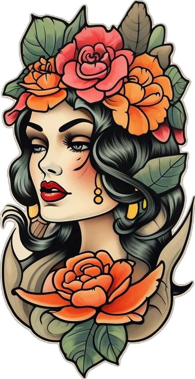 I will create awesome old school tattoo style design Trad Face Tattoo, Mystic Woman Tattoo, Neo Traditional Tattoos Women, American Traditional Tattoo Stencil, Traditional Lady Tattoo, Feminine Traditional Tattoo, Oldschool Tattoo Traditional, Old School Tattoo Style, Traditional Tattoo Woman