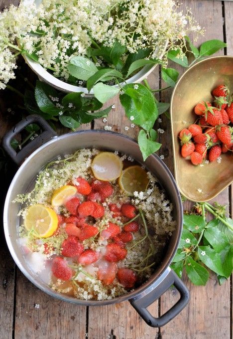 Lavender and Lovage | Magical Midsummer’s Eve: Elderflower and Strawberry Cordial/Syrup | http://www.lavenderandlovage.com Strawberry Cordial, Midsummer Eve, Summer Solstice Party, Midsummer's Eve, Scandinavian Recipes, Solstice Party, Botanical Kitchen, Elderflower Cordial, Foraging Recipes