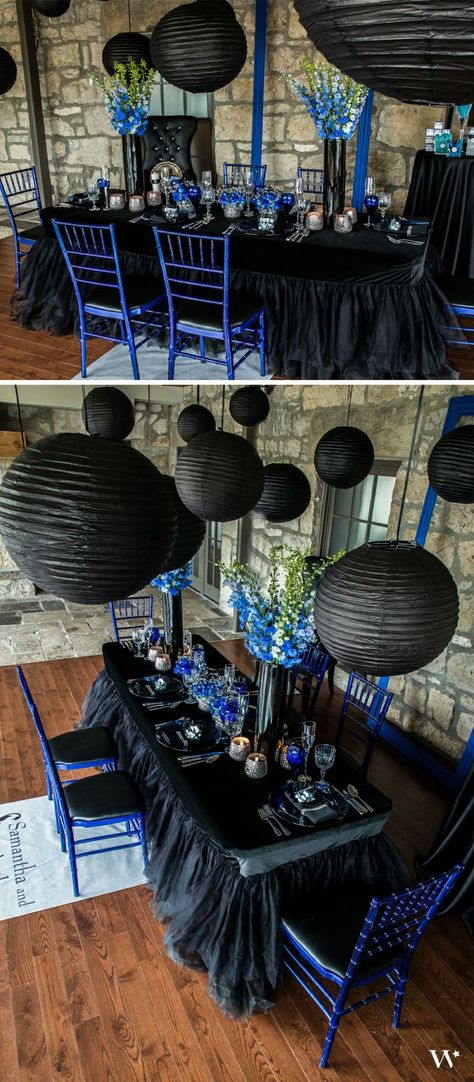 Black, silver and hues of blue combine to make our Royal Blue themed wedding truly regal. See the rest of the shoot here: ... Silver Party Decorations, Trendy Party Decor, Blue Party Decorations, Hallowen Ideas, Hues Of Blue, Black Panther Party, Royal Blue Wedding, Blue Themed Wedding, Blue Birthday