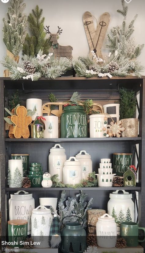 Rae Dunn Shelf Display, Rae Dunn Christmas Display, Rae Dunn Display, Christmas Shelf, Rae Dunn Christmas, Christmas Displays, Christmas Dining Table, Rae Dunn Collection, Shop Fronts