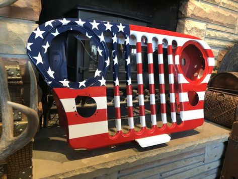 Jeep Grill Wall Art, Jeep Wall Art, Grilling Art, Jeep Garage, Garage Game Rooms, Art Hanger, Car Parts Decor, American Flag Decor, Jeep Grill