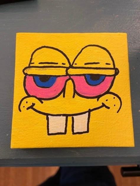 Spongebob Mini Canvas, Funny Things To Paint On A Canvas, Canvas Drawing Ideas Wall Decor, Spongebob Canvas Painting, Cute Mini Canvas Paintings, Easy Stuff To Paint, Simple Things To Paint, Canvas Painting Patterns, Painting Ideas On Canvas Funny