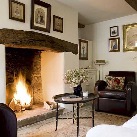 Love the use of an oak beam for the lintel/mantle If it were me I would have put in a matching oak coffee table as well... Cottage Fireplace, Rooms Design, Inglenook Fireplace, Rustic Fireplaces, Cottage Living Rooms, Coastal Living Rooms, Open Fireplace, Christmas Decorations Living Room, Christmas Living Rooms