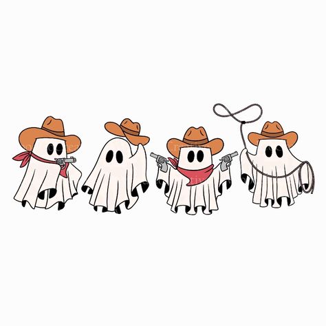 Western Pattern Design, Cow Ghost, Halloween Western, Ghost Cowboy, Western Halloween Wallpaper, Cowboy Ghost, Western Halloween, Cute Ghost Art, Cute Ghosts