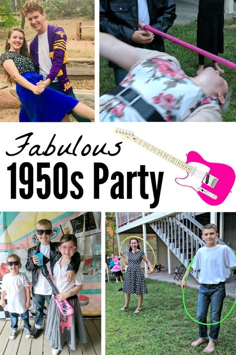 Throwing a 1950s theme party is so much fun (and so easy)! Check out all the details like where to get 1950s party supplies and decorations, what to wear, and what games to play! Don't forget the Rock & Roll music! Theme Party Outfit Ideas, 1950s Party Ideas, 50s Party Decorations, 1950s Theme Party, Grease Themed Parties, 50s Dance, Grease Theme, 1950s Kids, Fifties Party