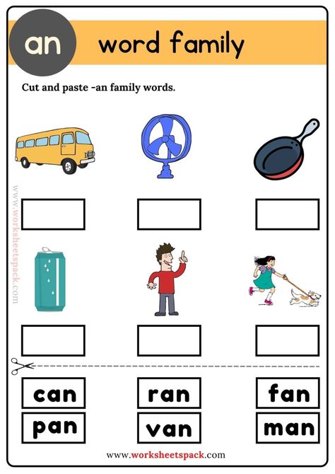 An Word Family - worksheetspack An Word Family Worksheet, An Family Words Worksheets, An Words, An Word Family, Word Families Free, Reading Preschool, Cvc Reading, Word Tracing, Kids Handwriting Practice