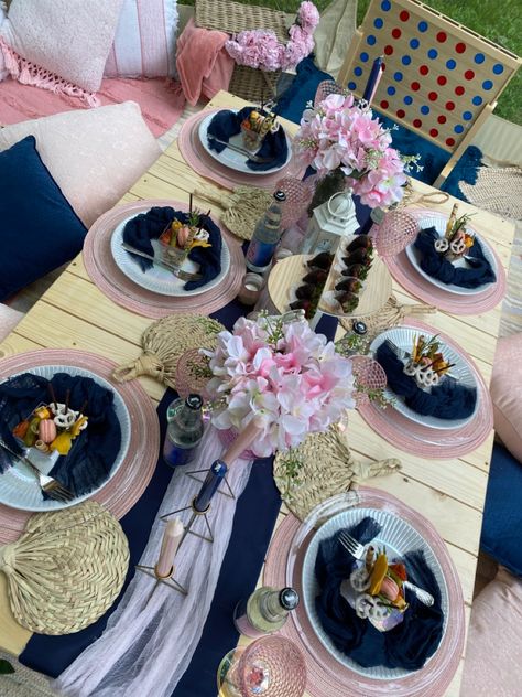 Pink and Navy Luxury Picnic Pink And Blue Picnic Decor, Pink And Navy Table Setting, Navy Blue And Pink Birthday Party Ideas, Luxury Picnics, Picnic Vibes, Navy Table, Navy Birthday, Blue Picnic, 37th Birthday