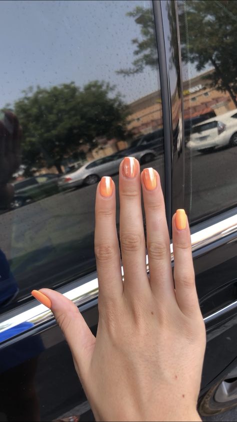 Orange Unicorn Nails, Unicorn Chrome Nails Orange, Holographic Orange Nails, Orange Chrome Ombre Nails, Orange Irridescent Nails, Chrome Nails Coral, Coral Crome Nails, Orange With Chrome Nails, Orange Shimmer Nails