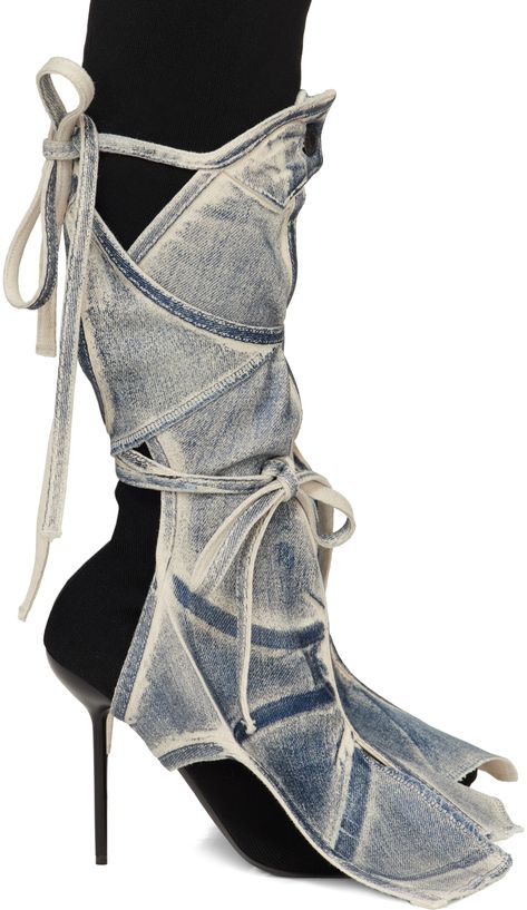 Handcrafted stretch denim leg wraps in blue. Cut-outs, raw edges, and trompe-l'oeil graphic printed throughout. · Self-tie and button fastening · Vented flared cuffs Each item is unique. Please note finishings may vary. Available exclusively at SSENSE. Supplier color: Sand/Blue paint Bad Bunny Cowboy, Shose Design, Clothes Painting, Leg Wraps, Black Knee Boots, Unique Boots, Denim Boots, Color Sand, Denim Color