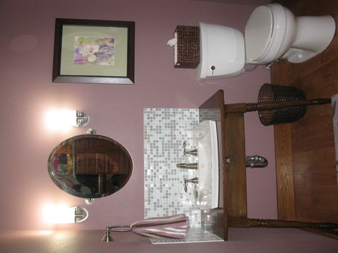 Our handicapped acessible powder room using and old dining table. Paint color is "socialite" by Sherwin Williams. Sherwin Williams Socialite, Socialite Sherwin Williams, Dresser Colors, Old Dining Table, Spare Bedroom, Big Girl Rooms, Kids Bath, Half Bath, Bathroom Kids