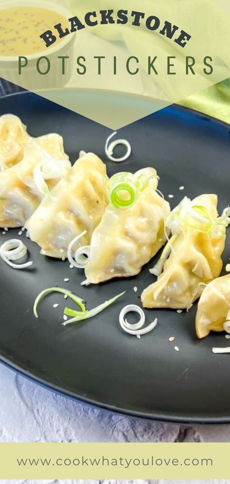 Potstickers on a black plate. Family Appetizers, How To Cook Dumplings, Ham Fried Rice, Blackstone Grill, Flat Top Griddle, Fried Dumplings, Griddle Recipes, Blackstone Griddle, Feeding A Crowd