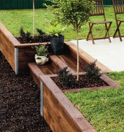 Patio Planter Boxes, Backyard Retaining Walls, Sloped Backyard Landscaping, Landscaping On A Hill, Mulch Landscaping, Sloped Yard, Sloped Backyard, Landscaping Retaining Walls, Backyard Seating