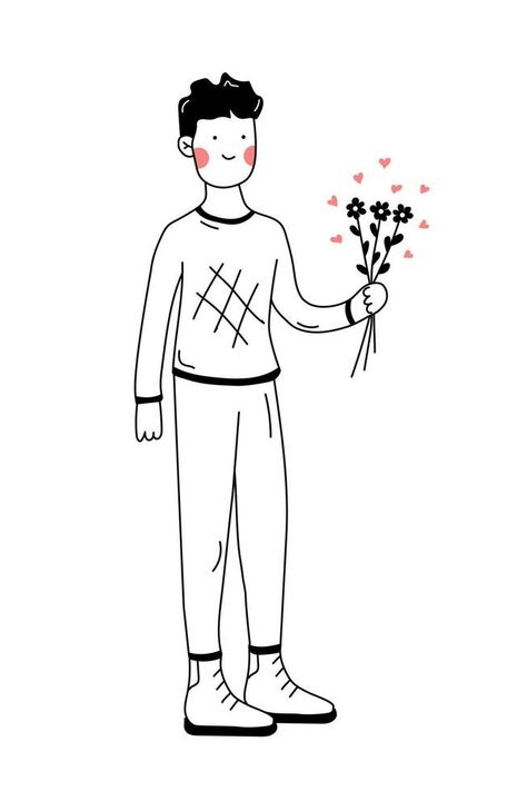 Guy is holding bouquet of flowers in his hand. Hand drawn sketch doodle style. Line scribble of young man vector illustration. Concept of romantic drawing expressing feelings. Man With Flowers In Hand, Guy Holding Flowers, Person Holding Something Reference, Doodle Man, Rose Doodle, Expressing Feelings, Hands Holding Flowers, Holding Bouquet, Romantic Drawing