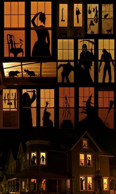 Cardboard Cutout Silhouettes. Halloween Window Silhouettes, Haunted House Diy, Halloween Window Decorations, Halloween Decor Diy, House Silhouette, Halloween Fest, Casa Halloween, Diy Halloween Decor, Adornos Halloween