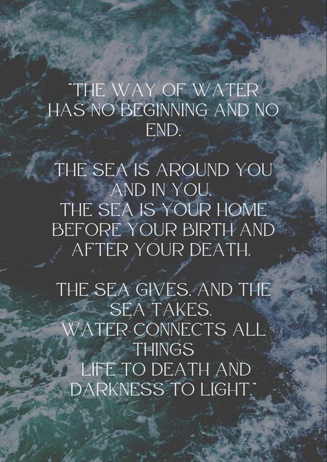 "THE WAY OF WATER
HAS NO BEGINNING AND NO END.
THE SEA IS AROUND YOU AND IN YOU.
THE SEA IS YOUR HOME BEFORE YOUR BIRTH AND AFTER YOUR DEATH.
THE SEA GIVES. AND THE SEA TAKES WATER CONNECTS ALL THINGS
LIFE TO DEATH AND DARKNESS TO LIGHT” Avatar Movie Quotes, Elements Quote, Avatar Quotes, Darkness To Light, Water Quotes, Passion Quotes, Avatar Picture, Ocean Quotes, Good Night Prayer