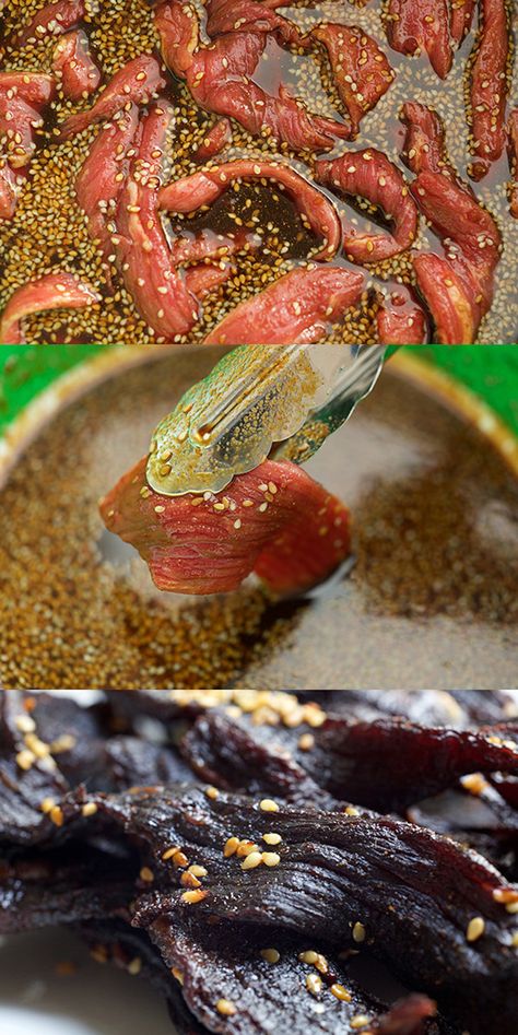 A collage of three images, the first showing strips of beef jerky meat being marinated, the second photo shows a piece being lifted out of the marinated with tongs, and the third photo shows the final dehydrated beef jerky. Jerkey Recipes Dehydrator Beef, Diy Teriyaki Beef Jerky, Teriyaki Beef Jerky Recipe, Teriyaki Ground Beef Jerky Recipes Dehydrator, Jerky Marinade Recipes, Jack Links Beef Jerky, Kippered Beef Jerky Recipe, Jerky Marinade, Teriyaki Beef Jerky