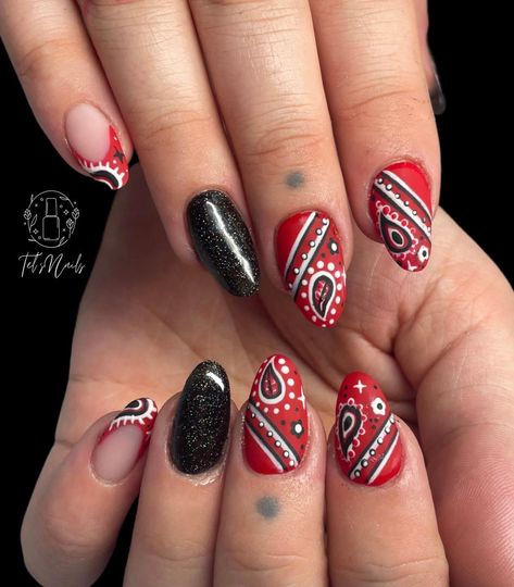 Bandana Nail Designs, Western Red Nails, Red Bandana Nails, Red Western Nails, Bandana Nail Art, Navratri 2024, Bandana Nails, Idol Nails, Cowboy Nails