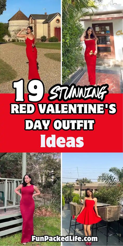 Image showcases four stunning red Valentine’s Day outfit ideas for women, with the text "19 Stunning Red Valentine’s Day Outfit Ideas" prominently displayed. The outfits include an elegant spaghetti-strap red gown, a strapless red bodycon dress, a classic red A-line dress, and a modern sleeveless fitted gown. Each look is styled with simple accessories, minimal jewelry, and natural settings to highlight the vibrant red theme. Red Outfit Ideas, Valentine's Outfit, All Ideas, Day Outfit Ideas, Elegant Gowns, Red Valentine, Valentine Dress, Combo Dress, Valentine's Day Outfit