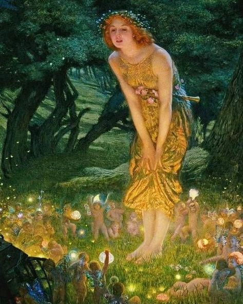 Nicoletta Carlone on Instagram: “Painting by Robert Edward Hughes” Midsummer Eve, Edward Robert Hughes, Midsummer's Eve, Red Tent, Fairy Paintings, Fairies Dancing, Fairy Aesthetic, Vintage Fairies, Hur Man Målar