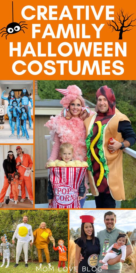 Collage of the most creative and unique family Halloween costumes. Family Of Four Costume Ideas, Halloween Costumes With 4 People, Costume Ideas For Family Of Four, Family Group Costume Ideas, Unique Family Costumes For Four, Family Halloween Costumes Unique, Unique Family Costume Ideas, Cool Family Halloween Costumes, Iconic Family Halloween Costumes