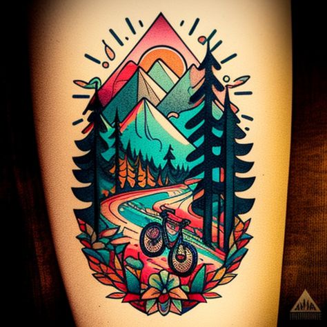 mountain biking theme tattoo traditional Style 01 Mountain Biking Tattoo, Traditional Mountain Tattoo, Colorado Mountain Tattoo, Traditional Nature Tattoo, National Park Tattoo, Traditional Tattoo Nature, Bike Tattoo, Tatted Quotes, Mountain Bike Tattoo