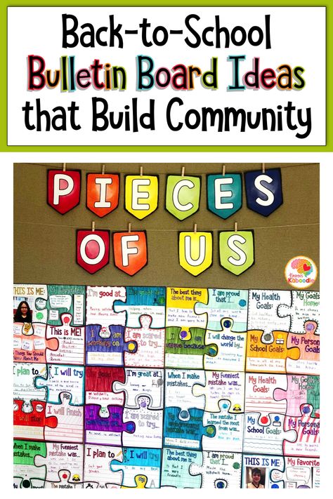 Looking for back-to-school bulletin board ideas?  These bulletin boards build community and show students that every class member is respected and accepted.  Use the puzzle bulletin board to create a positive classroom climate, the poster set for emphasizing acceptance and respect of individual differences, and the community building bulletin board for creating classroom agreements. Supporting social-emotional learning is easy with these back-to-school bulletin board ideas! #bulletinboardideas Meaningful Bulletin Board Ideas, Get To Know You Bulletin Board Ideas, Begining Of The Year Bulletin Boards, Puzzle Piece School Theme, Afterschool Bulletin Boards Ideas, Bulletin Board Puzzle Pieces, Class Community Bulletin Boards, Student Made Bulletin Boards, Social Emotional Learning Bulletin Board Ideas