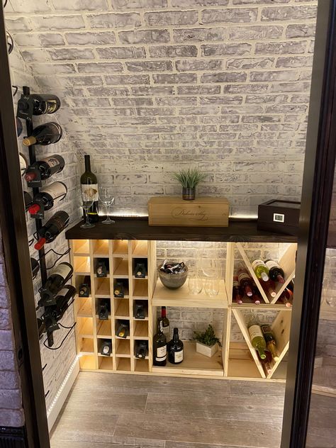 Coffee And Wine Bar Ideas Under Stairs, Wine Storage Basement, Under Stairs Wine Fridge, Diy Wine Room Ideas In House, Small Wine Cellar Ideas Basements, Under Stairs Bourbon Storage, Wine Rack Under Stairs, Diy Wine Cellar Closet, Bourbon Closet