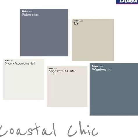 Dulux Coastal Chic Colour Palette Dulux Exterior Paint Colours, Cladding Colours, Hamptons Colour Palette, Dulux Colour Schemes, Chic Colour Palette, Dulux Paint Colours, Coastal Paint Colors, Coastal Color Palette, Home Paint Color