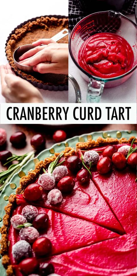 This gorgeous tart is made entirely of cranberry curd made with fresh cranberries and orange juice atop a spiced gingersnap crust. Top your cranberry curd tart with sugared cranberries, whipped cream, or your favorite seasonal topping. | recipes using cranberry curd | recipes with cranberry curd | cranberry curd tart recipe | cranberry curd tart gingersnap Cranberry Curd Tart Recipe, Cranberry Curd Tart, Cranberry Curd, Curd Tart, Cranberry Tart, Gingersnap Crust, Sugared Cranberries, Almond Crusted, Raspberry Recipes