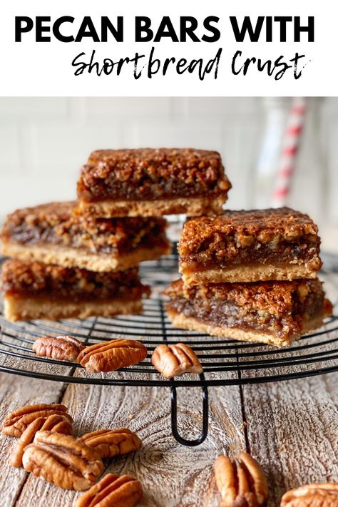 Pecan pie bars with shortbread crust are the best of both worlds! They have that gooey, slightly crunchy flavor of a pecan pie, but are in a cookie, so they are perfect to serve at a party! This a great idea to make if you want to wrap something up for guests to take home after a get together. They are the perfect size for individual wrapping, or for putting into a tin. We usually make a double batch of pecan bars with shortbread crust, to share with friends! Pecan Pie Bars Shortbread Crust, Shortbread Pecan Pie Bars, Pecan Pie Bars With Shortbread Crust, Short Bread Recipe, Pecan Cookie Bars, Best Pecan Pie Bars, Pecan Shortbread Bars, Bars With Shortbread Crust, Southern Pecan Pie