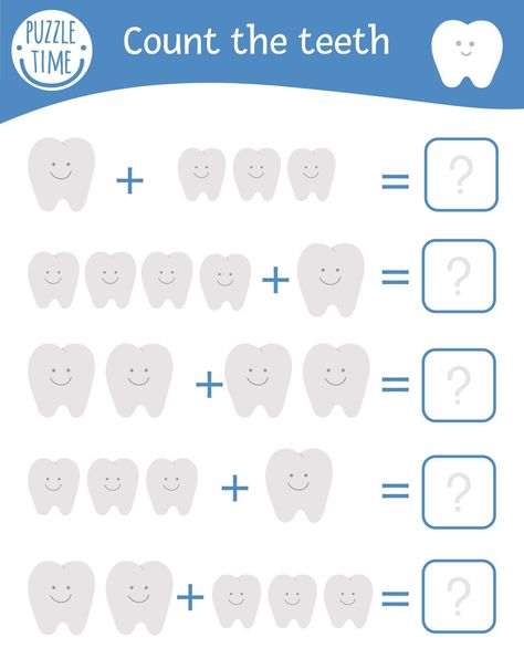 Math game with teeth. Dental care mathematic activity for preschool children. Printable counting worksheet. Educational addition riddle with cute funny elements. Mouth hygiene quiz for kids Dental Activities For Preschool, Tooth Preschool, Body Parts Preschool Activities, Dental Health Preschool, Quiz For Kids, Mouth Hygiene, Counting Worksheet, Dental Health Activities, Activity For Preschool