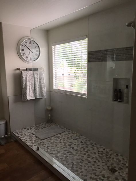 Had the tub and shower stall removed to make one large shower. Large Shower No Tub, Master Bath Large Shower Ideas, Large Walk In Shower With Window, Showers With Large Windows, Turn Tub Into Shower Stall, Shower Stall With Window, Converting Garden Tub To Shower Walk In, Removing Garden Tub Bathroom Ideas, Garden Tub To Shower Remodel