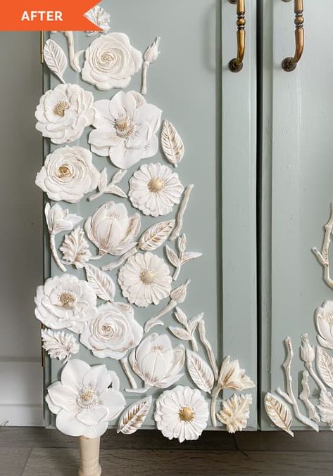 Floral Painted Dresser Ideas, Appliques On Furniture, Decor Molds For Furniture, Resin Flowers On Furniture, Iod Moulds On Furniture, Iod Molds On Furniture, Anthropologie Dresser Diy, Diy Dresser Makeover Kids, Dresser Makeover Kids