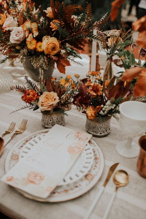 Whimsical Fall Wedding Dress, Summer Burgundy Wedding, Rust And Blush Wedding, Terracotta Inspiration, Gold Wedding Palette, Orange Wedding Centerpieces, Boho Glam Wedding, Honey Farm, Winter Wedding Table