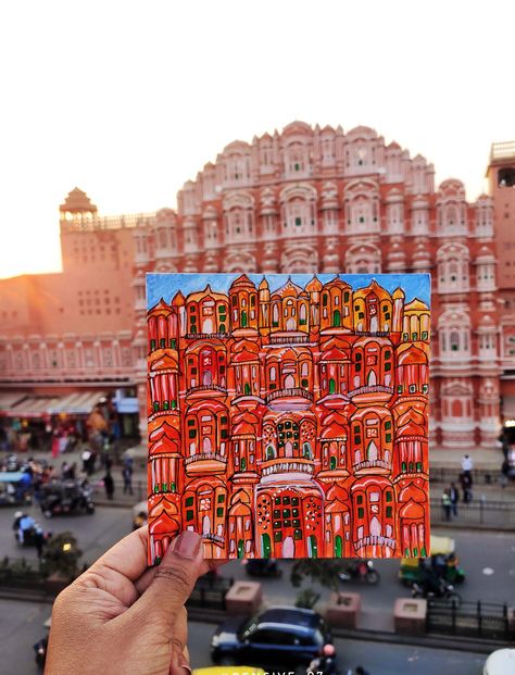 An illustration of the Hawa Mahal with the actual Hawa Mahal🥺 Hawa Mahal Painting, Hawa Mahal Illustration, Hawa Mahal Sketch, Rajasthani Illustration, Jaipur Painting, Rajasthan Painting, Rajasthani Painting, Hawa Mahal, Thought Daughter