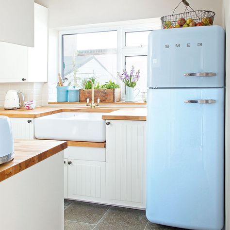 Blue Smeg Fridge, Blue Smeg, Blue Fridge, Modern Kitchen Pictures, Small White Kitchens, Steel Kitchen Cabinets, Smeg Fridge, My Dream Kitchen, All White Kitchen