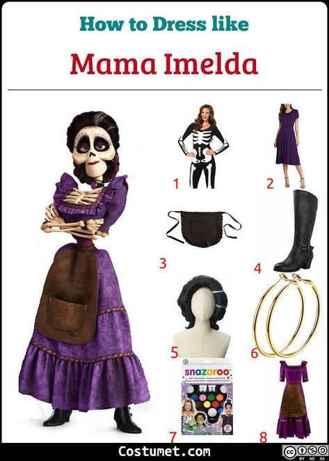 Mama Imelda costume is skeleton leotard with black hair pinned back. She wears a purple dress with a brown apron in front.            #Female #movies #Disney #cartoon #female #scary #skeleton #Mexican #mother #Coco #DayoftheDead Mama Imelda Costume, Female Movies, Fine Hair Styles, Coco Costume, Hair Pinned Back, Brown Apron, Halloween Hairstyles, Fine Hair Styles For Women, Pumpkin Halloween Costume