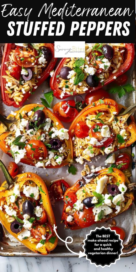 Whip up a taste of the Mediterranean with our stuffed bell peppers, filled with lemony Greek-style rice, bright juicy tomatoes, and fresh herbs. Topped with a generous sprinkle of cheese, this dish is full of incredible flavors and colors, making it the ultimate easy and healthy family dinner! This cheap and easy recipe uses all ingredients from Aldi. Stuffed Peppers Greek Style, Greek Style Recipes, Healthy Recipes With Bell Peppers, Easy Dinners With Few Ingredients, Mediterranean Diet Stuffed Peppers, Mediterranean Veg Recipes, Vegetarian Recipes With Cheese, The Mediterranean Dish Recipes, Rice Bell Pepper Recipe