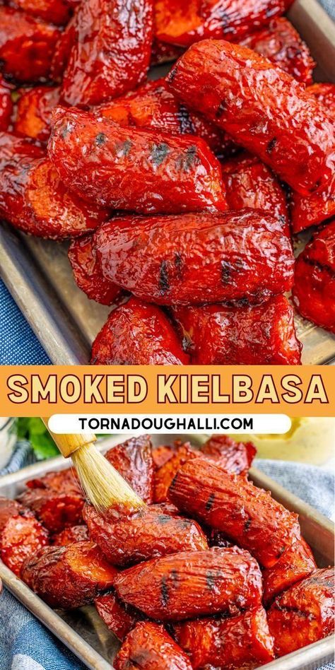 This smoked kielbasa recipe from Tornadough Alli starts on the smoker for an hour and is bursting with flavor before it gets slathered in BBQ sauce and charred on the grill. This kielbasa makes the perfect dinner main dish or appetizer for all your summer gatherings. Smoked Kielbasa, Kielbasa Recipe, On The Smoker, Party Side Dishes, Sweet Bbq Sauce, Kielbasa Recipes, Kielbasa Sausage, Smoked Meat Recipes, Perfect Dinner