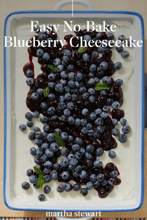 Make this easy no-bake blueberry cheesecake this weekend as a seasonal summer dessert that is full of flavor. Plus, it takes less than 30 minutes to make, and the refrigerator does the rest. #marthastewart #recipes #recipeideas #dessert #dessertrecipes Sheet Pan Cheesecake, Cheesecake For A Crowd, Pan Cheesecake, Creamy Cheesecake Recipe, No Bake Blueberry Cheesecake, Baked Ricotta, Berry Compote, Blueberry Cheesecake, Creamy Cheesecake