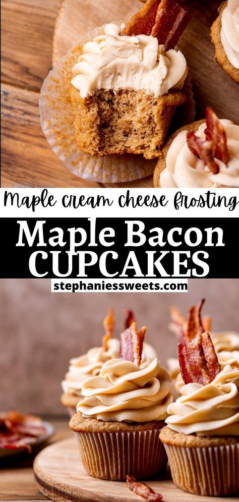 Maple Pancake Cupcakes, Maple Bacon Pancake Cupcakes, Maple Bacon Cake Pops, Maple Bacon Cupcakes Cake Mix Recipe, September Cupcakes Ideas, Maple Bacon Desserts, Maple Bacon Cake Recipe, Manly Snacks, Candied Bacon Cupcakes