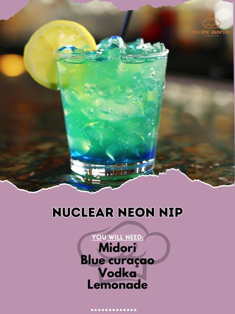 💥 Ignite your taste buds with Nuclear Neon Nip! A vibrant and bold cocktail! 🌈🍹 #NuclearNeonNip #BoldFlavors Nuclear Neon Nip Ingredients: Midori (1 oz) Blue curaçao (1 oz) Vodka (1.5 oz) Lemonade (3 oz) Ice Lemon slice (for garnish) Instructions: Fill a shaker with ice. Add Midori, blue curaçao, vodka, and lemonade. Shake well and strain into a glass with ice. Garnish with a lemon slice. 🍋 Enjoy the electrifying flavors and vibrant colors of this bold cocktail! Perfect for a night out or... Extravagant Cocktails, Lemonade Shake, Lemonade Punch Recipe, Fun Halloween Drinks, Mocktail Drinks, Pretty Alcoholic Drinks, Alcholic Drinks, Liquor Recipes, Cocktail Drinks Alcoholic