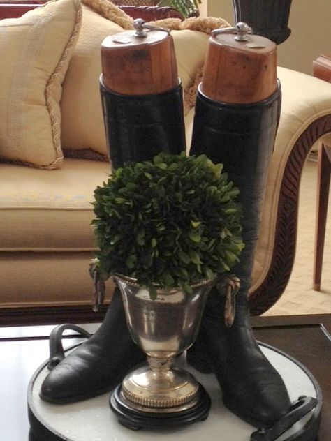 Vignette of riding boots and boxwood in trophy cup from the polohouse blog Art Fer, Trophy Cup, Equestrian Chic, English Country Style, Equestrian Art, Equestrian Decor, Kentucky Derby Party, English Manor, Equestrian Lifestyle