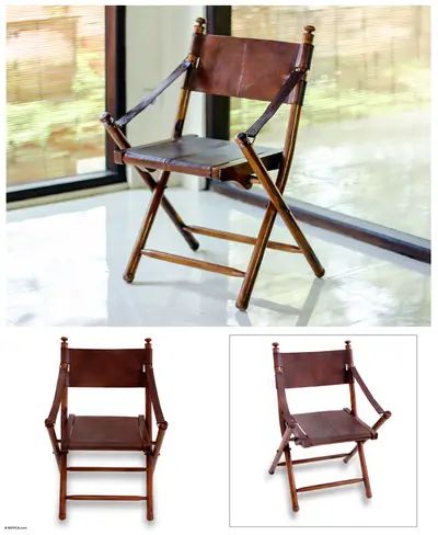 Fair Trade Modern Wood and Leather Folding Chair - Java Dutch | NOVICA Brass Chair, Campaign Furniture, Home Recording Studio, Big Cats Art, Home Office Design, Folding Chair, Works Of Art, Modern Wood, Furniture Making