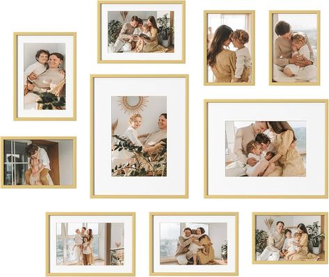 Amazon.com - eletecpro Aluminum Gallery Wall Frame Set of 7, Including 1Pc 11x14, 2Pcs 8x10, 4Pcs 5x7 Photo Frames for Wall or Tabletop Display, Multiple Sizes Picture Frames Collage Wall Decor, Gold Wedding Photo Decor, 1960s Apartment, Large Flower Wall Art, Canvas Photo Wall, Modern Family Room Design, Photo Frames For Wall, Large Flower Wall, Family Photo Gallery Wall, Picture Frames Collage